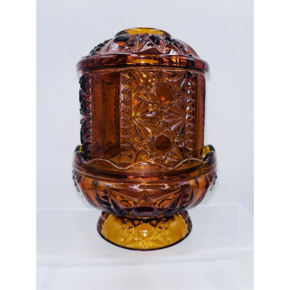 Vintage Fairy Lamp Indiana Glass Amber Stars and Bars 6.5" 1970s 2 Piece NICE